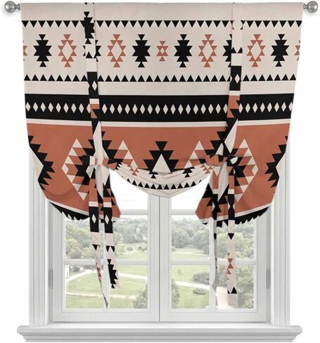 Khaki Boho Tie Up Curtains for Window, Vintage Ethnic Tribe Retro Abstract Art Thermal Insulated Balloon Shade Adjustable Rod Pocket Curtains Valance Panels for Kitchen Bathroom Café 52'' x 45'' in Saudi Arabia