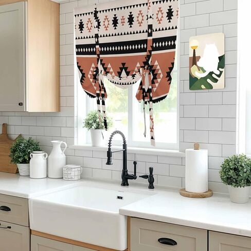 Khaki Boho Tie Up Curtains for Window, Vintage Ethnic Tribe Retro Abstract Art Thermal Insulated Balloon Shade Adjustable Rod Pocket Curtains Valance Panels for Kitchen Bathroom Café 52'' x 45'' in Saudi Arabia