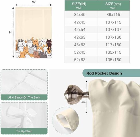 Cartoon Cat Tie Up Curtains for Window, Modern Simple Funny Cute Animals Art Thermal Insulated Balloon Shade Adjustable Rod Pocket Curtains Valance Panels for Kitchen Bathroom Café 52'' x 63'' in Saudi Arabia