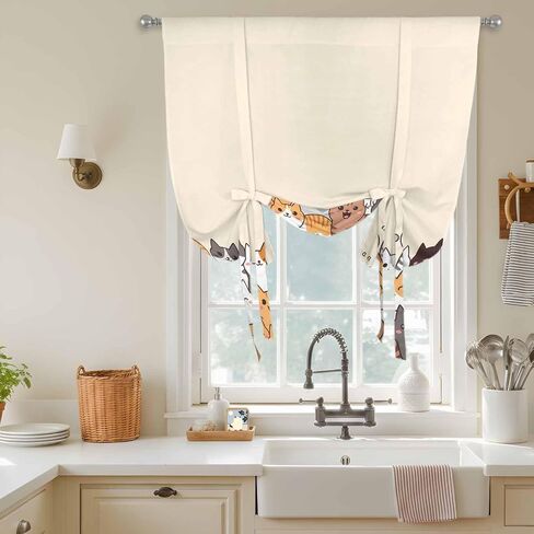 Cartoon Cat Tie Up Curtains for Window, Modern Simple Funny Cute Animals Art Thermal Insulated Balloon Shade Adjustable Rod Pocket Curtains Valance Panels for Kitchen Bathroom Café 52'' x 63'' in Saudi Arabia
