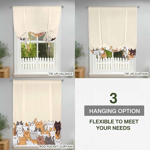 Cartoon Cat Tie Up Curtains for Window, Modern Simple Funny Cute Animals Art Thermal Insulated Balloon Shade Adjustable Rod Pocket Curtains Valance Panels for Kitchen Bathroom Café 52'' x 63'' in Saudi Arabia