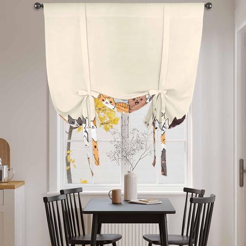 Cartoon Cat Tie Up Curtains for Window, Modern Simple Funny Cute Animals Art Thermal Insulated Balloon Shade Adjustable Rod Pocket Curtains Valance Panels for Kitchen Bathroom Café 52'' x 63'' in Saudi Arabia