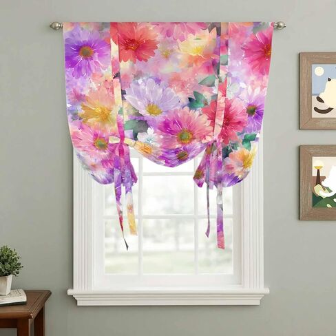 Purple Pink Floral Tie Up Curtains for Window, Spring Pastoral Daisy Thermal Insulated Balloon Shade Adjustable Rod Pocket Curtains Valance Panels for Kitchen Bathroom Café 42'' x 45'' in Saudi Arabia