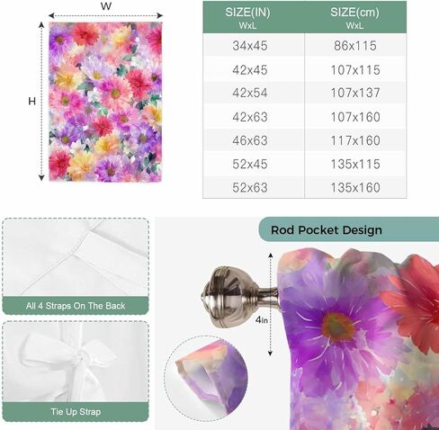 Purple Pink Floral Tie Up Curtains for Window, Spring Pastoral Daisy Thermal Insulated Balloon Shade Adjustable Rod Pocket Curtains Valance Panels for Kitchen Bathroom Café 42'' x 45'' in Saudi Arabia