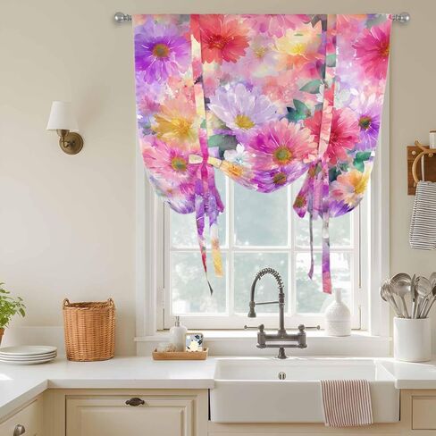 Purple Pink Floral Tie Up Curtains for Window, Spring Pastoral Daisy Thermal Insulated Balloon Shade Adjustable Rod Pocket Curtains Valance Panels for Kitchen Bathroom Café 42'' x 45'' in Saudi Arabia