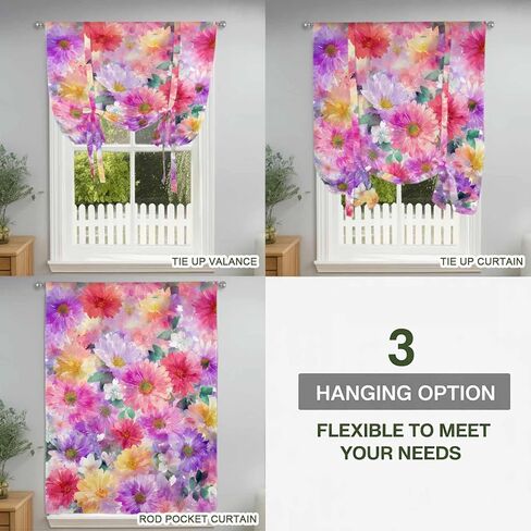 Purple Pink Floral Tie Up Curtains for Window, Spring Pastoral Daisy Thermal Insulated Balloon Shade Adjustable Rod Pocket Curtains Valance Panels for Kitchen Bathroom Café 42'' x 45'' in Saudi Arabia