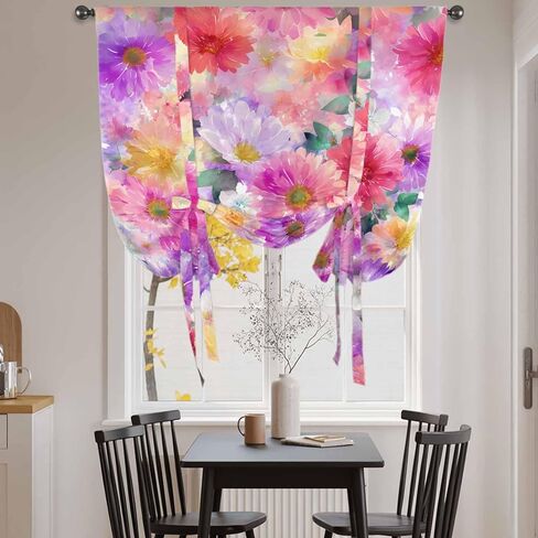 Purple Pink Floral Tie Up Curtains for Window, Spring Pastoral Daisy Thermal Insulated Balloon Shade Adjustable Rod Pocket Curtains Valance Panels for Kitchen Bathroom Café 42'' x 45'' in Saudi Arabia