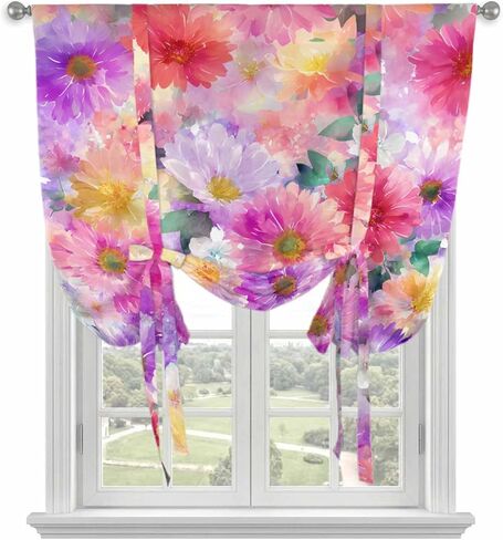 Purple Pink Floral Tie Up Curtains for Window, Spring Pastoral Daisy Thermal Insulated Balloon Shade Adjustable Rod Pocket Curtains Valance Panels for Kitchen Bathroom Café 42'' x 45'' in Saudi Arabia