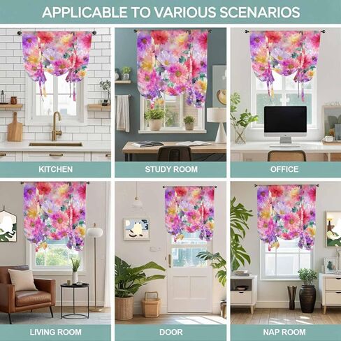 Purple Pink Floral Tie Up Curtains for Window, Spring Pastoral Daisy Thermal Insulated Balloon Shade Adjustable Rod Pocket Curtains Valance Panels for Kitchen Bathroom Café 42'' x 45'' in Saudi Arabia