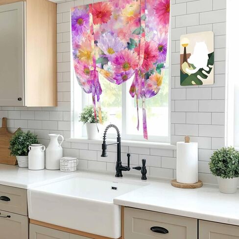Purple Pink Floral Tie Up Curtains for Window, Spring Pastoral Daisy Thermal Insulated Balloon Shade Adjustable Rod Pocket Curtains Valance Panels for Kitchen Bathroom Café 42'' x 45'' in Saudi Arabia