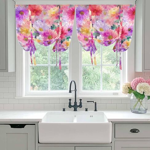 Purple Pink Floral Tie Up Curtains for Window, Spring Pastoral Daisy Thermal Insulated Balloon Shade Adjustable Rod Pocket Curtains Valance Panels for Kitchen Bathroom Café 42'' x 45'' in Saudi Arabia