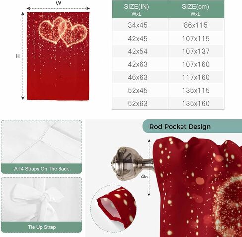 Happy Valentine's Day Tie Up Curtains for Window, Red Shining Love Heart Romantic Thermal Insulated Balloon Shade Adjustable Rod Pocket Curtains Valance Panels for Kitchen Bathroom Café 34'' x 45'' in Saudi Arabia