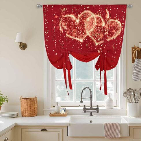 Happy Valentine's Day Tie Up Curtains for Window, Red Shining Love Heart Romantic Thermal Insulated Balloon Shade Adjustable Rod Pocket Curtains Valance Panels for Kitchen Bathroom Café 34'' x 45'' in Saudi Arabia