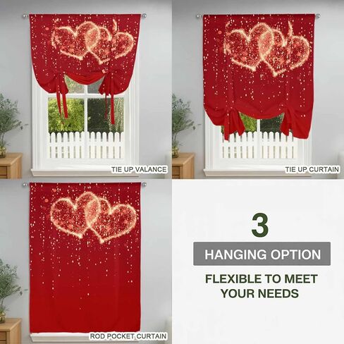 Happy Valentine's Day Tie Up Curtains for Window, Red Shining Love Heart Romantic Thermal Insulated Balloon Shade Adjustable Rod Pocket Curtains Valance Panels for Kitchen Bathroom Café 34'' x 45'' in Saudi Arabia