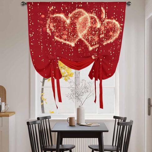 Happy Valentine's Day Tie Up Curtains for Window, Red Shining Love Heart Romantic Thermal Insulated Balloon Shade Adjustable Rod Pocket Curtains Valance Panels for Kitchen Bathroom Café 34'' x 45'' in Saudi Arabia