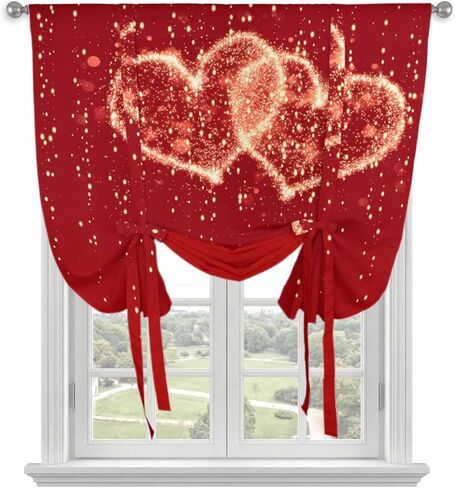Happy Valentine's Day Tie Up Curtains for Window, Red Shining Love Heart Romantic Thermal Insulated Balloon Shade Adjustable Rod Pocket Curtains Valance Panels for Kitchen Bathroom Café 34'' x 45'' in Saudi Arabia