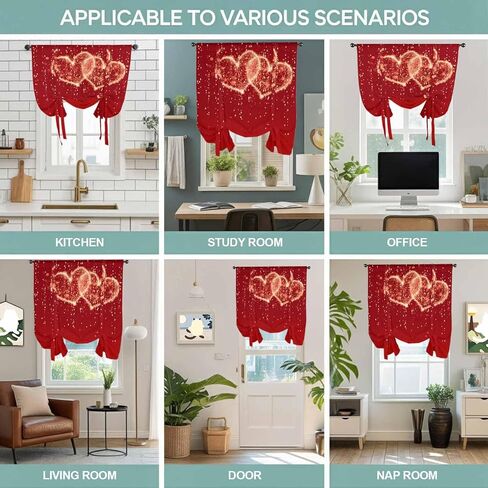 Happy Valentine's Day Tie Up Curtains for Window, Red Shining Love Heart Romantic Thermal Insulated Balloon Shade Adjustable Rod Pocket Curtains Valance Panels for Kitchen Bathroom Café 34'' x 45'' in Saudi Arabia
