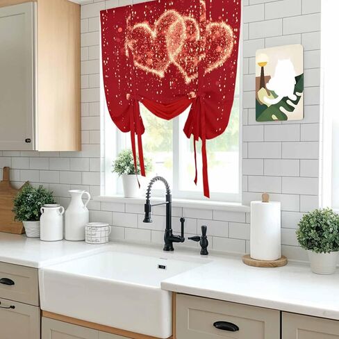Happy Valentine's Day Tie Up Curtains for Window, Red Shining Love Heart Romantic Thermal Insulated Balloon Shade Adjustable Rod Pocket Curtains Valance Panels for Kitchen Bathroom Café 34'' x 45'' in Saudi Arabia
