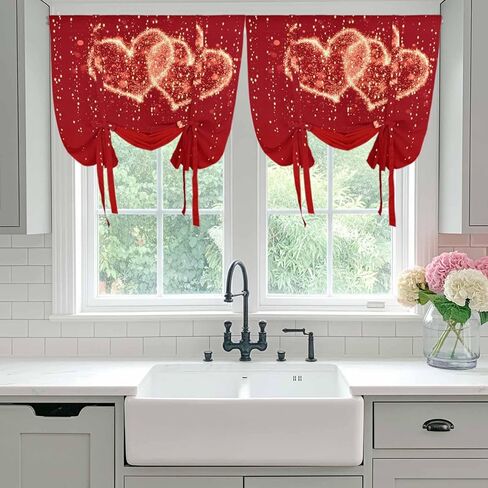Happy Valentine's Day Tie Up Curtains for Window, Red Shining Love Heart Romantic Thermal Insulated Balloon Shade Adjustable Rod Pocket Curtains Valance Panels for Kitchen Bathroom Café 34'' x 45'' in Saudi Arabia