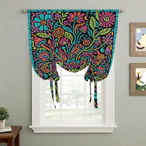 Abstract Flower Tie Up Curtains for Window, Vintage Botanical Geometric Floral Thermal Insulated Balloon Shade Adjustable Rod Pocket Curtains Valance Panels for Kitchen Bathroom Café 52'' x 45'' in Saudi Arabia