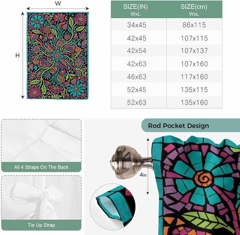 Abstract Flower Tie Up Curtains for Window, Vintage Botanical Geometric Floral Thermal Insulated Balloon Shade Adjustable Rod Pocket Curtains Valance Panels for Kitchen Bathroom Café 52'' x 45'' in Saudi Arabia