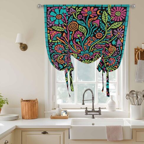 Abstract Flower Tie Up Curtains for Window, Vintage Botanical Geometric Floral Thermal Insulated Balloon Shade Adjustable Rod Pocket Curtains Valance Panels for Kitchen Bathroom Café 52'' x 45'' in Saudi Arabia
