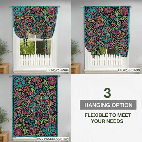 Abstract Flower Tie Up Curtains for Window, Vintage Botanical Geometric Floral Thermal Insulated Balloon Shade Adjustable Rod Pocket Curtains Valance Panels for Kitchen Bathroom Café 52'' x 45'' in Saudi Arabia