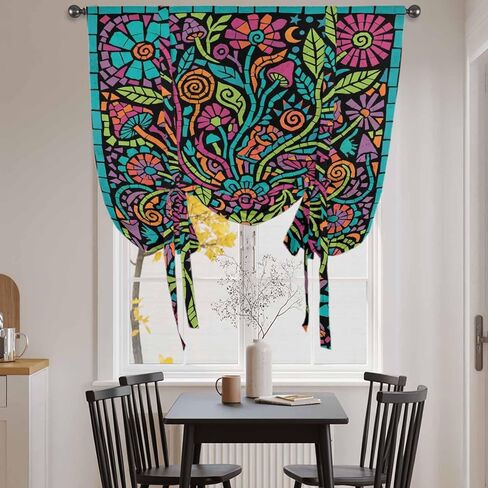 Abstract Flower Tie Up Curtains for Window, Vintage Botanical Geometric Floral Thermal Insulated Balloon Shade Adjustable Rod Pocket Curtains Valance Panels for Kitchen Bathroom Café 52'' x 45'' in Saudi Arabia