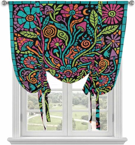 Abstract Flower Tie Up Curtains for Window, Vintage Botanical Geometric Floral Thermal Insulated Balloon Shade Adjustable Rod Pocket Curtains Valance Panels for Kitchen Bathroom Café 52'' x 45'' in Saudi Arabia