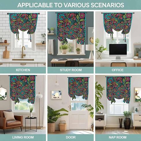 Abstract Flower Tie Up Curtains for Window, Vintage Botanical Geometric Floral Thermal Insulated Balloon Shade Adjustable Rod Pocket Curtains Valance Panels for Kitchen Bathroom Café 52'' x 45'' in Saudi Arabia