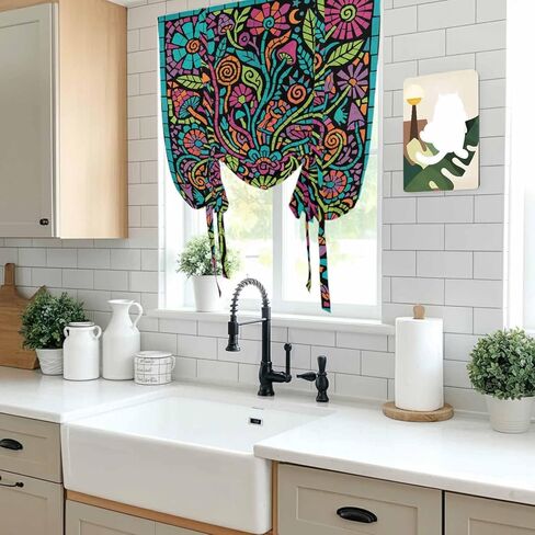 Abstract Flower Tie Up Curtains for Window, Vintage Botanical Geometric Floral Thermal Insulated Balloon Shade Adjustable Rod Pocket Curtains Valance Panels for Kitchen Bathroom Café 52'' x 45'' in Saudi Arabia