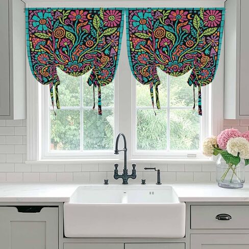 Abstract Flower Tie Up Curtains for Window, Vintage Botanical Geometric Floral Thermal Insulated Balloon Shade Adjustable Rod Pocket Curtains Valance Panels for Kitchen Bathroom Café 52'' x 45'' in Saudi Arabia
