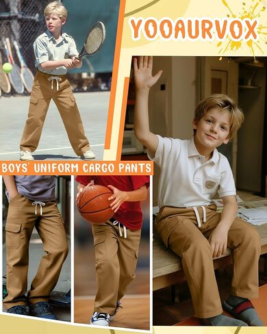 Boys Uniform Cargo Pants Kids 97% Cotton Straight Baggy Chino Pants Teen Boy Drawstring Casual Trouser with Pocket in Kuwait