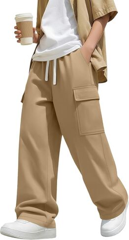 Boys Uniform Cargo Pants Kids 97% Cotton Straight Baggy Chino Pants Teen Boy Drawstring Casual Trouser with Pocket in Kuwait