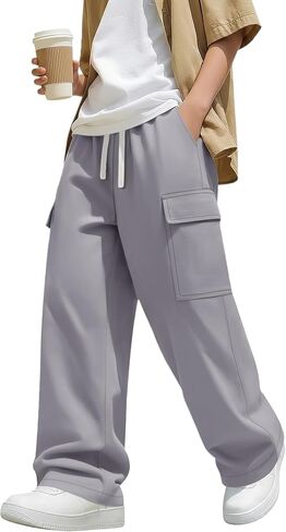 Boys Uniform Cargo Pants Kids 97% Cotton Straight Baggy Chino Pants Teen Boy Drawstring Casual Trouser with Pocket in Kuwait