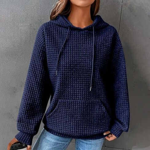 Womens Casual Loose-Fit Hoodies Casual Long Sleeve Drawstring Waffle Pullover Tops with Pocket,Blue in Saudi Arabia