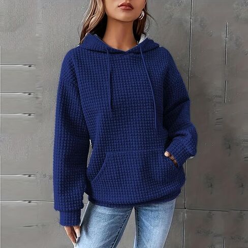 Womens Casual Loose-Fit Hoodies Casual Long Sleeve Drawstring Waffle Pullover Tops with Pocket,Blue in Saudi Arabia