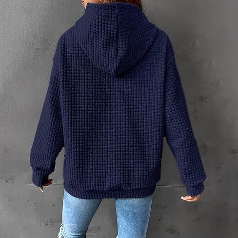 Womens Casual Loose-Fit Hoodies Casual Long Sleeve Drawstring Waffle Pullover Tops with Pocket,Blue in Saudi Arabia