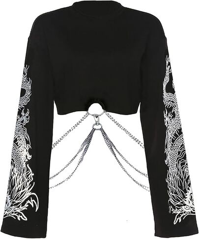 AULKEEP Gothic Women Cute Crop Tops Cool Dragon Graphic Sweatshirts Goth Punk Black Crewneck Sweatshirt in Kuwait