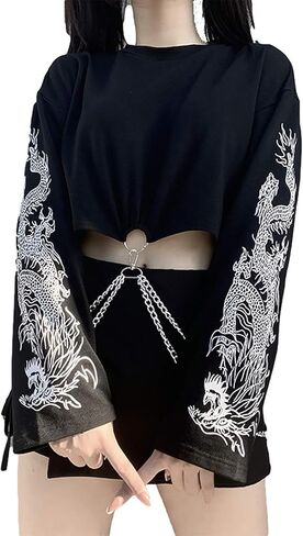 AULKEEP القوطية المرأة لطيف المحاصيل القمم كول التنين الجرافيك بلوزات القوطي الشرير الأسود Crewneck البلوز in Kuwait
