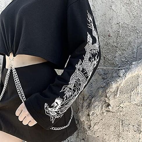 AULKEEP القوطية المرأة لطيف المحاصيل القمم كول التنين الجرافيك بلوزات القوطي الشرير الأسود Crewneck البلوز in Kuwait