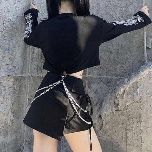 AULKEEP القوطية المرأة لطيف المحاصيل القمم كول التنين الجرافيك بلوزات القوطي الشرير الأسود Crewneck البلوز in Kuwait