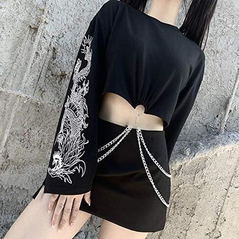 AULKEEP القوطية المرأة لطيف المحاصيل القمم كول التنين الجرافيك بلوزات القوطي الشرير الأسود Crewneck البلوز in Kuwait