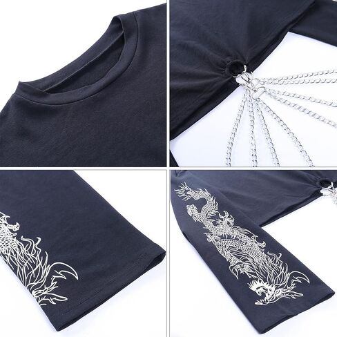 AULKEEP القوطية المرأة لطيف المحاصيل القمم كول التنين الجرافيك بلوزات القوطي الشرير الأسود Crewneck البلوز in Kuwait