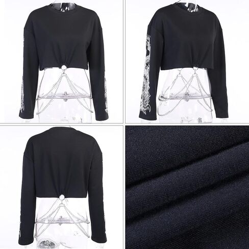AULKEEP القوطية المرأة لطيف المحاصيل القمم كول التنين الجرافيك بلوزات القوطي الشرير الأسود Crewneck البلوز in Kuwait