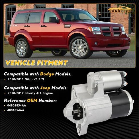 Starter Motor FIT Dodge Nitro 2010–2011 3.7L V6, Jeep Liberty 2010–2012 3.7L V6 – 12V 1.2KW 10 Teeth CW – Direct Replacement – Replace OE# 04801854AA 4801854AA in Kuwait