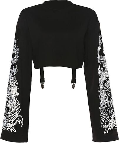 AULKEEP القوطية المرأة لطيف المحاصيل القمم كول التنين الجرافيك بلوزات القوطي الشرير الأسود Crewneck البلوز in Kuwait