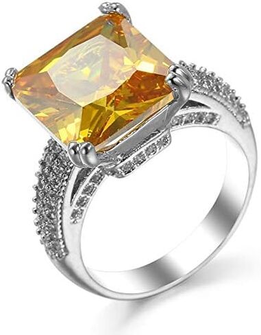 Super Huge Genuine Yellow Topaz Gemstone Woman Silver Wedding Ring Size 6-10 (6) in Saudi Arabia