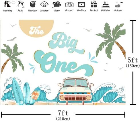 Boy The Big One Surfing خلفية عيد الميلاد الأول، خلفية ريترو بوي لركوب الأمواج، لوح ركوب الأمواج على الشاطئ، خلفية حفلة استوائية لركوب الأمواج، خلفيات لوازم عيد الميلاد الأولى (7 × 5 أقدام) in Kuwait
