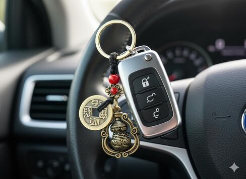 Feng Shui Five Emperors Coins Keychain, Brass Chinese Good Luck Charm with Lotus Knot in Saudi Arabia
